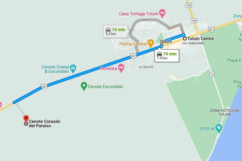 Cenote Corazon from Tulum Map