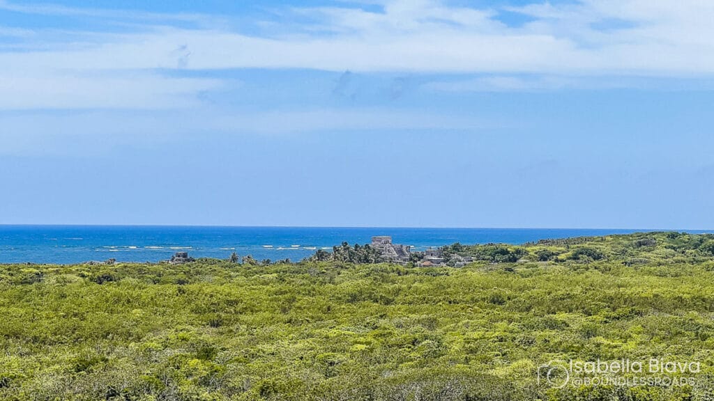 Lush green landscape with distant view of Tulum ruins by the blue ocean. Clear sky above enhances the scenic, historical atmosphere.