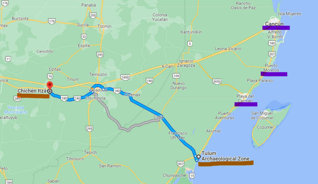 map tulum versus chichen itza