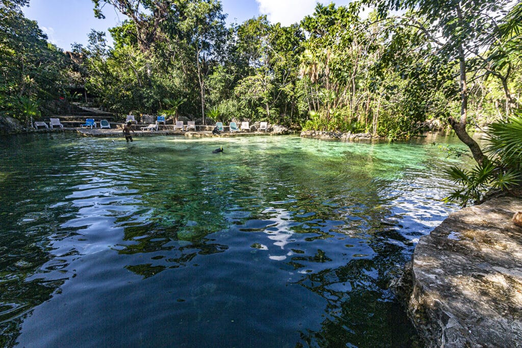 Cenote Yax-kin overviews with crystal clear water and palm trees in the background