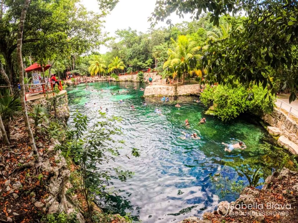 Lush greenery surrounds a clear cenote where several people swim. A path and palms create a tropical oasis atmosphere under a vibrant sky.