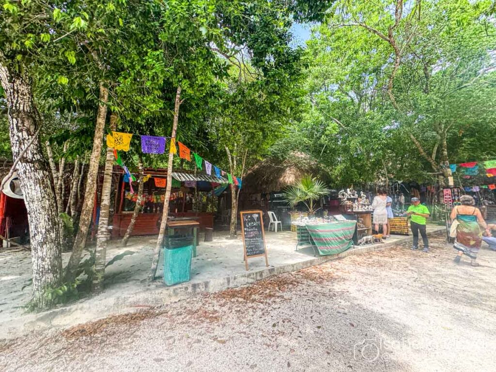 A vibrant outdoor market with colorful flags, stalls, and people surrounded by lush trees. Handcrafted items are displayed under natural light.